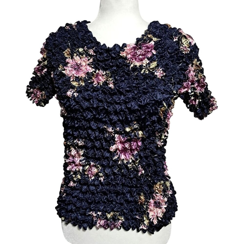 Vintage Navy Floral Shiny Popcorn Crop‎ Top One Size Clubwear